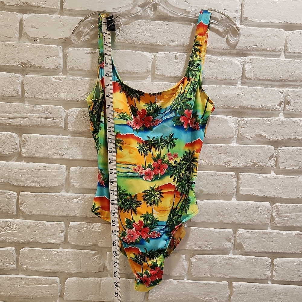 Yellow and Green One Piece Swimwear with Tropical Print and Playful Pom Poms - Picture 4 of 7